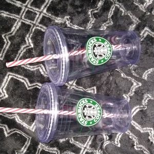 Two Starbucks clear cup red and white swirl straw 16Oz/473ml New without tags